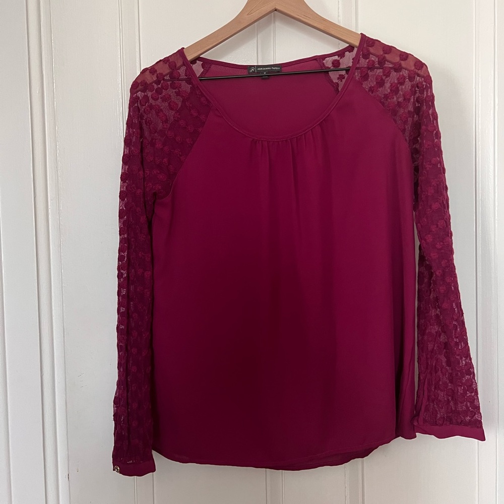 Maroon top - sheer arms with cute polka dot pattern